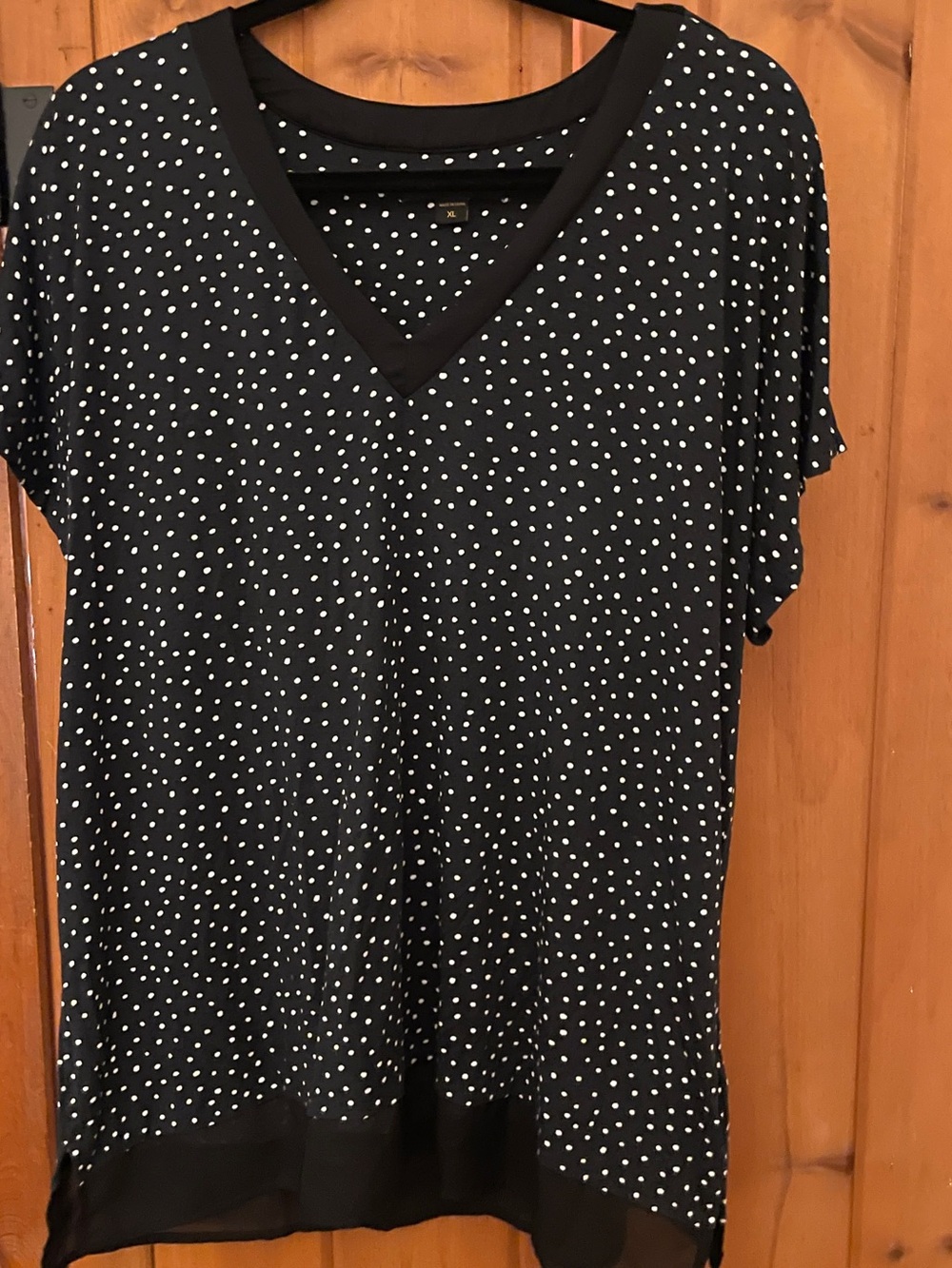 Donna Karan Sleepwear Black White Polka Dot Modal V-Neck Sheer Hem Top XL